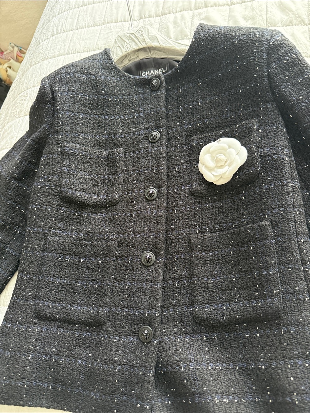 CHANEL Black Tweed Jacket with White Camellia Pin